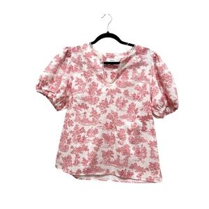 CeCe Pink Toile Print Puff Sleeve Blouse Cottagecore Romantic Top medium